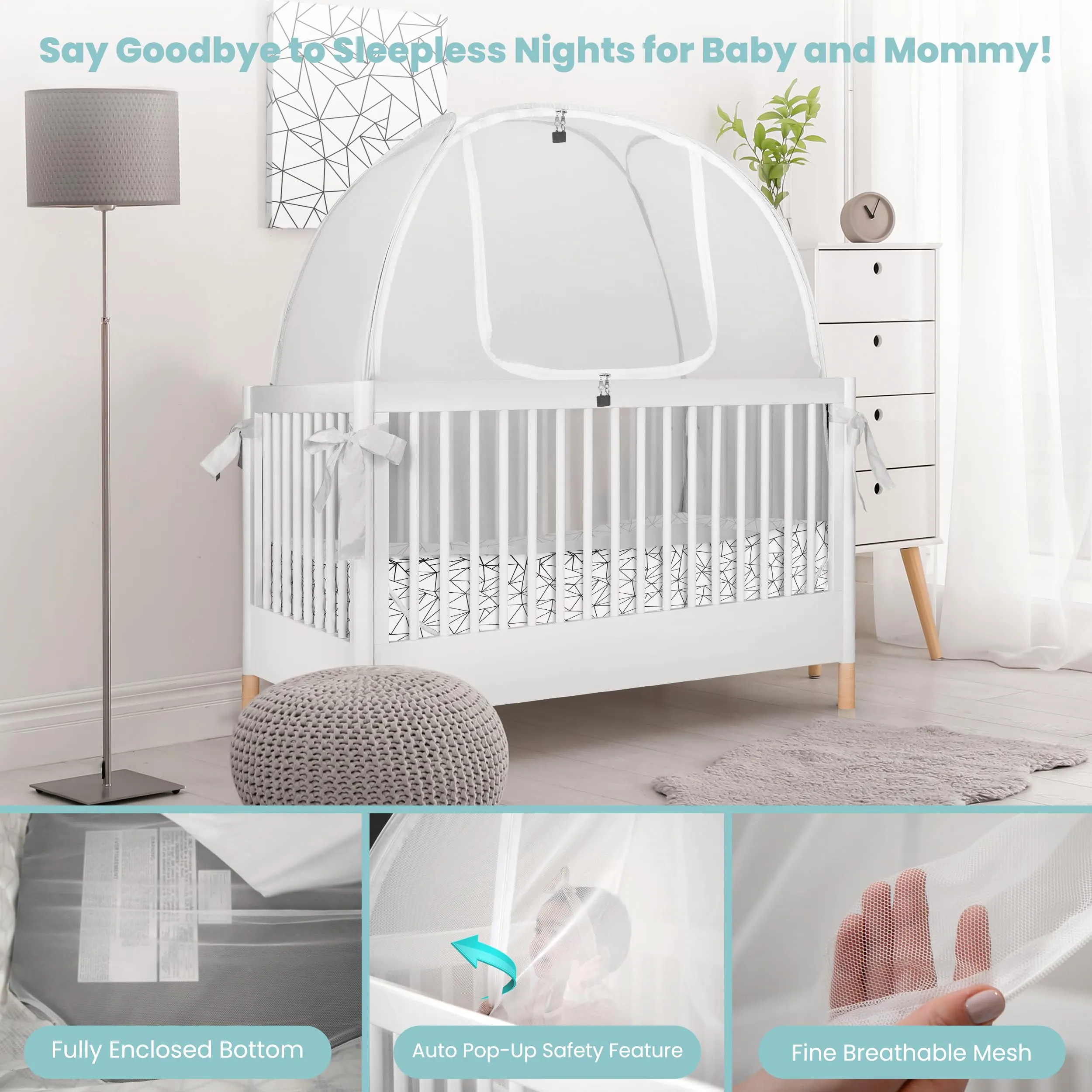 Pro Baby Safety Pop Up Crib Tent, Fine Mesh Crib Netting Cover to Keep Baby from Climbing Out, Prevent Falls and Mosquito Bites, Safety Net Canopy - Sturdy & Stylish Infant Crib Topper