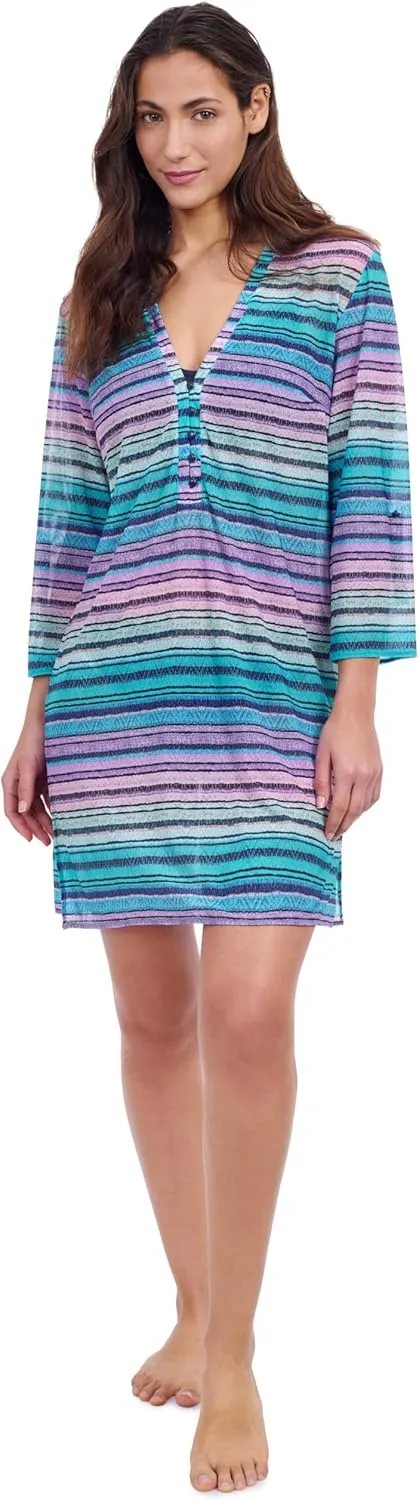 Profile by Gottex Harmony Multi Blue Stripe Print Mesh Women’s Tunic Bathing Suit Cover Up Swim Essential