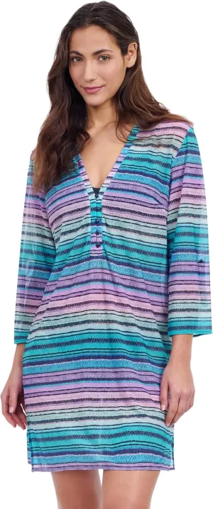 Profile by Gottex Harmony Multi Blue Stripe Print Mesh Women’s Tunic Bathing Suit Cover Up Swim Essential
