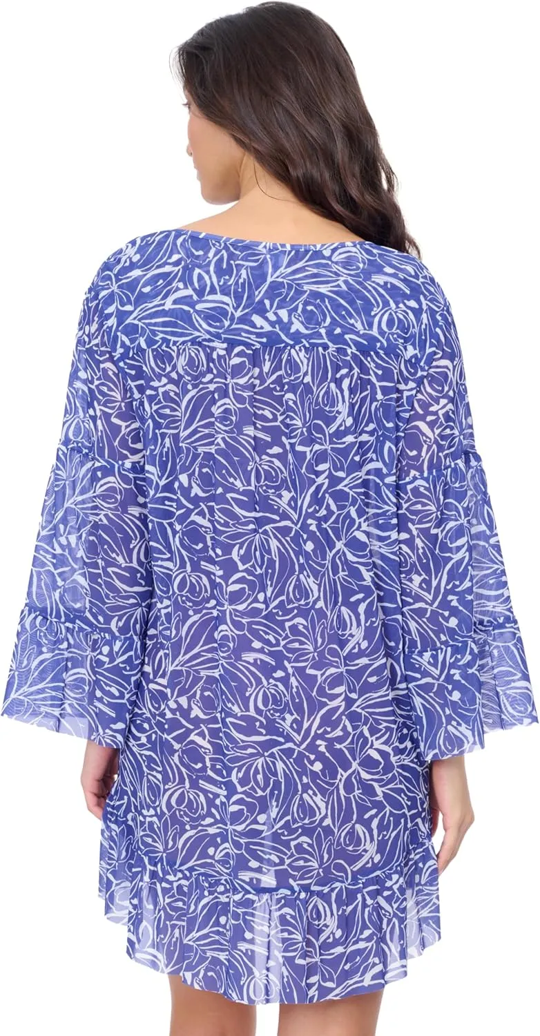 Profile by Gottex Tulip Women’s Royal Blue Printed Mesh Tunic Cover Up with V Neck and Flounce Sleeves Swim Essential