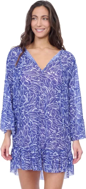 Profile by Gottex Tulip Women’s Royal Blue Printed Mesh Tunic Cover Up with V Neck and Flounce Sleeves Swim Essential