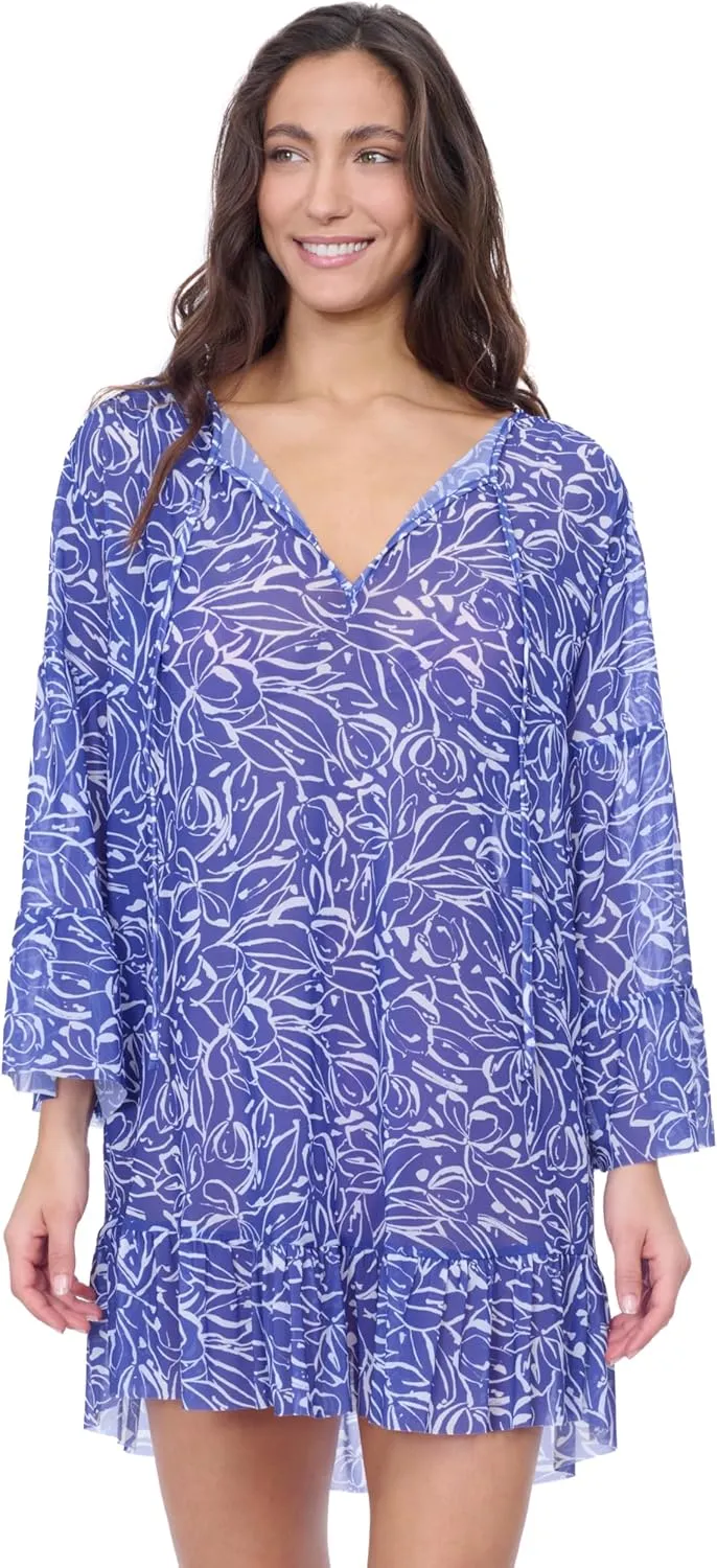 Profile by Gottex Tulip Women’s Royal Blue Printed Mesh Tunic Cover Up with V Neck and Flounce Sleeves Swim Essential