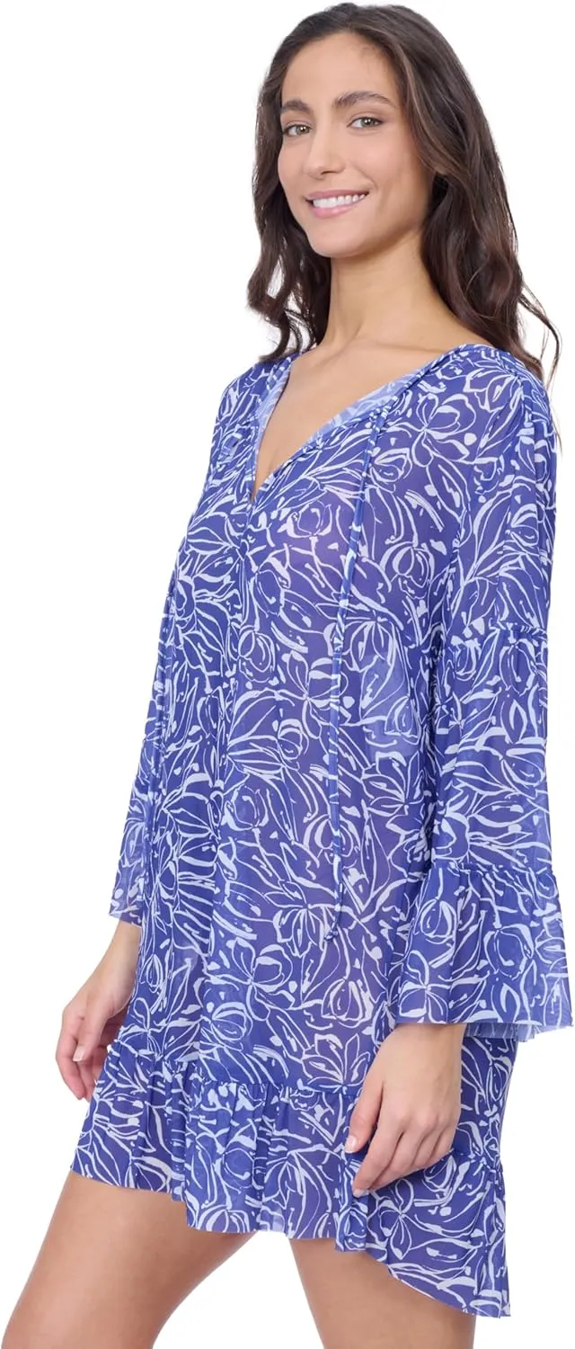 Profile by Gottex Tulip Women’s Royal Blue Printed Mesh Tunic Cover Up with V Neck and Flounce Sleeves Swim Essential