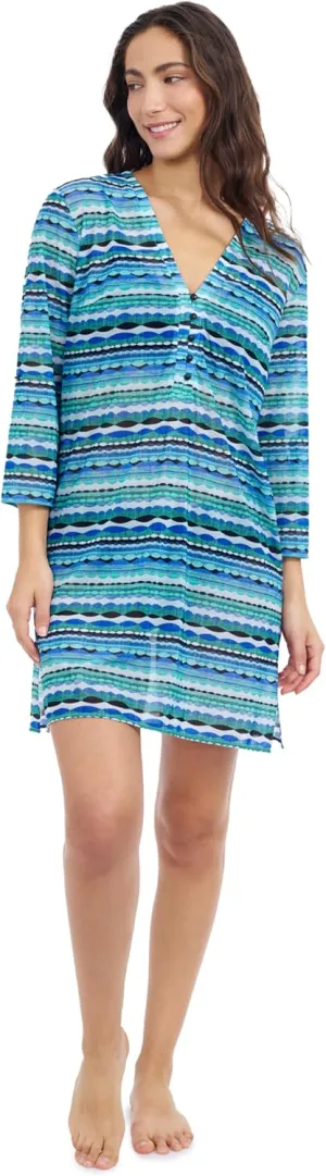 Profile by Gottex Women’s Multicolor Tricolor V Neck Mesh Dress Cover-Up with Long Sleeves Swim Essential Bathing Suit