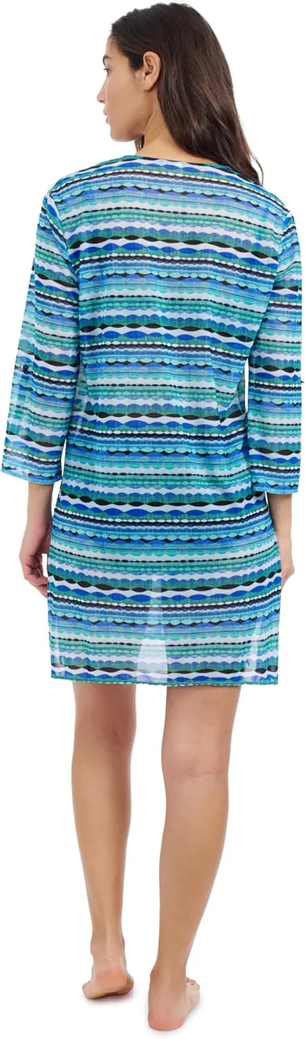 Profile by Gottex Women’s Multicolor Tricolor V Neck Mesh Dress Cover-Up with Long Sleeves Swim Essential Bathing Suit