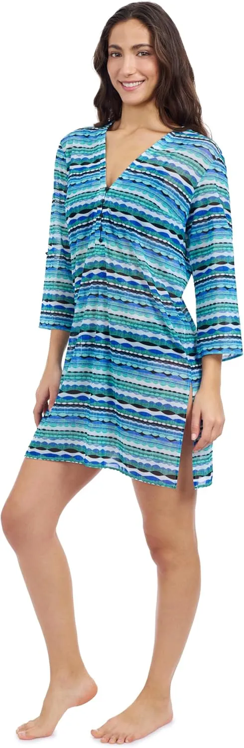 Profile by Gottex Women’s Multicolor Tricolor V Neck Mesh Dress Cover-Up with Long Sleeves Swim Essential Bathing Suit