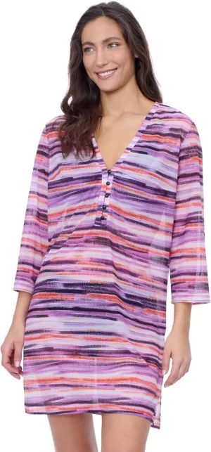 Profile by Gottex Women’s Multicolor Tricolore V Neck Mesh Dress Flowy Swim Cover-Up with Long Sleeves Swim Essential