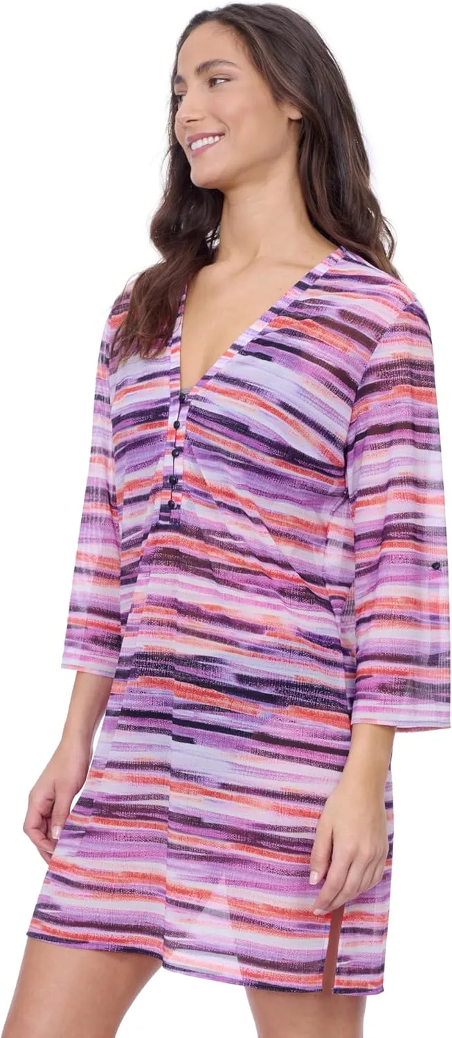 Profile by Gottex Women’s Multicolor Tricolore V Neck Mesh Dress Flowy Swim Cover-Up with Long Sleeves Swim Essential