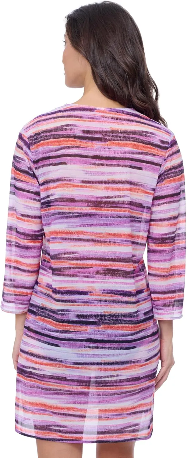 Profile by Gottex Women’s Multicolor Tricolore V Neck Mesh Dress Flowy Swim Cover-Up with Long Sleeves Swim Essential