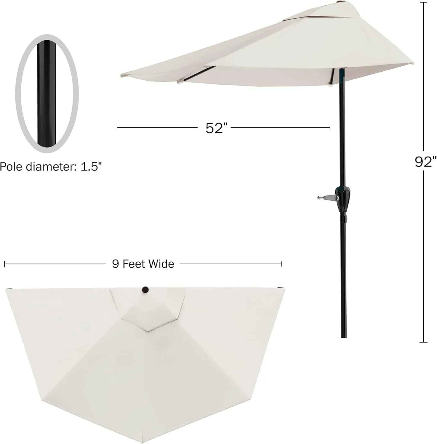 Pure Garden Half Umbrella Outdoor Patio Shade - 9 ft Patio Umbrella with Easy Crank - Small Canopy for Balcony, Table, or Deck