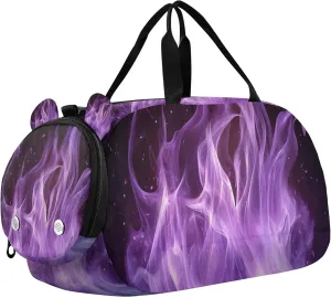 Purple Fire Flame Sports Duffle Bag for Teens Girls Boys, Gym Bag with Shoe Compartment, Kids Travel Overnight Weekender Shoulder Bag