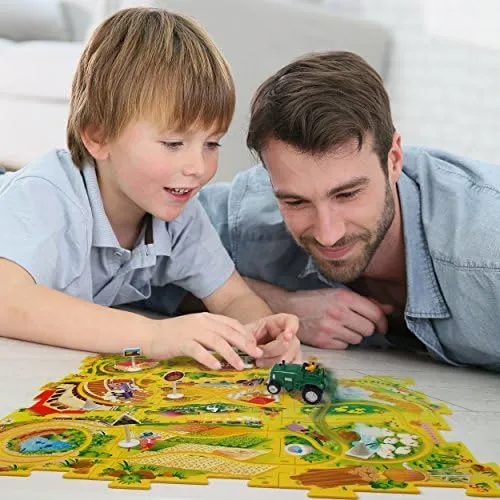 Puzzle Track Play Set - Battery-Operated Toy Vehicle & Floor Puzzle Play Mat - 16 Pc Sets - Fire Engine Themed Vehicle - Interchangeable Tracks - Create Up To 50 Combinations - by Ideas In Life
