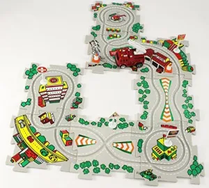 Puzzle Track Play Set - Battery-Operated Toy Vehicle & Floor Puzzle Play Mat - 16 Pc Sets - Fire Engine Themed Vehicle - Interchangeable Tracks - Create Up To 50 Combinations - by Ideas In Life