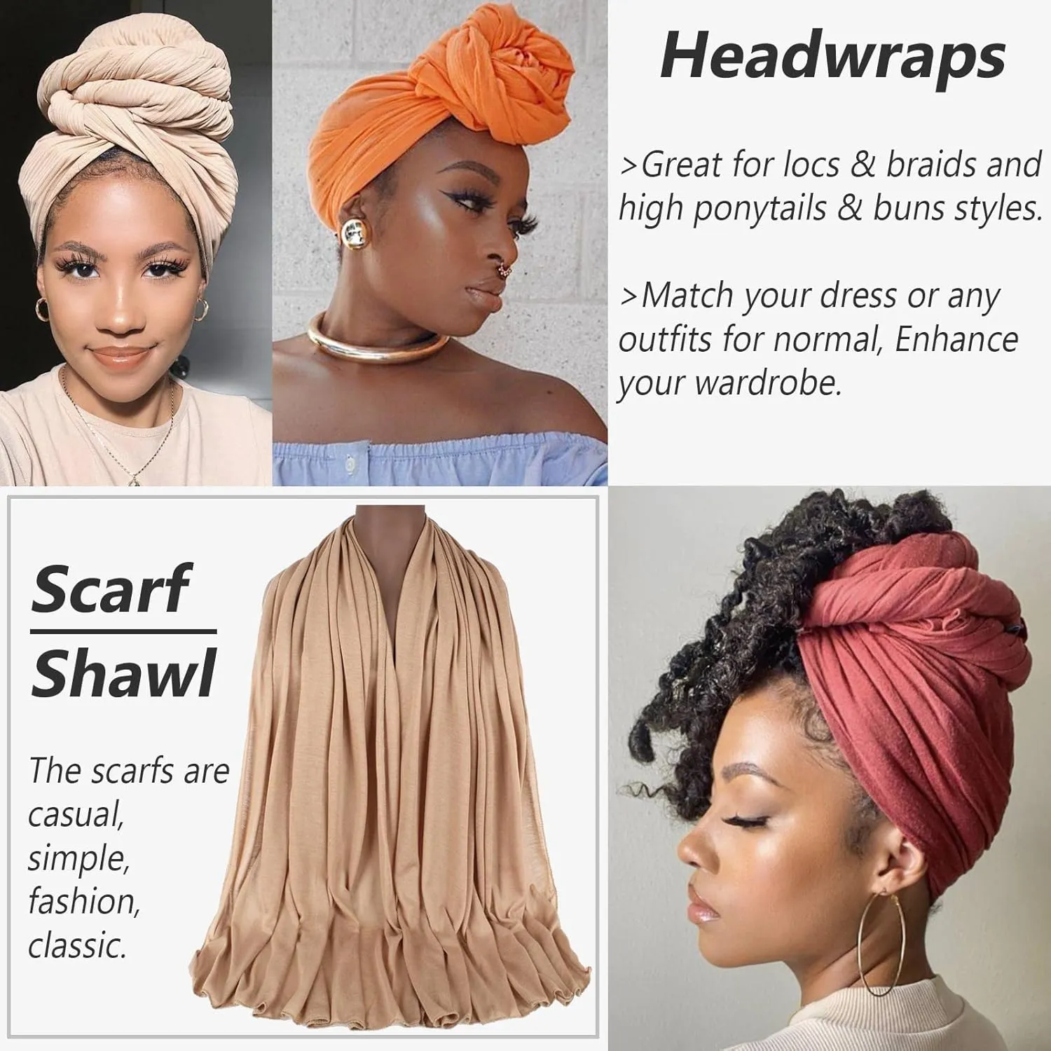 PWEOUKE Head Wraps for Black Women African Head Wrap Lightweight for Women Long Plain Turban Hair Scarf Scarves