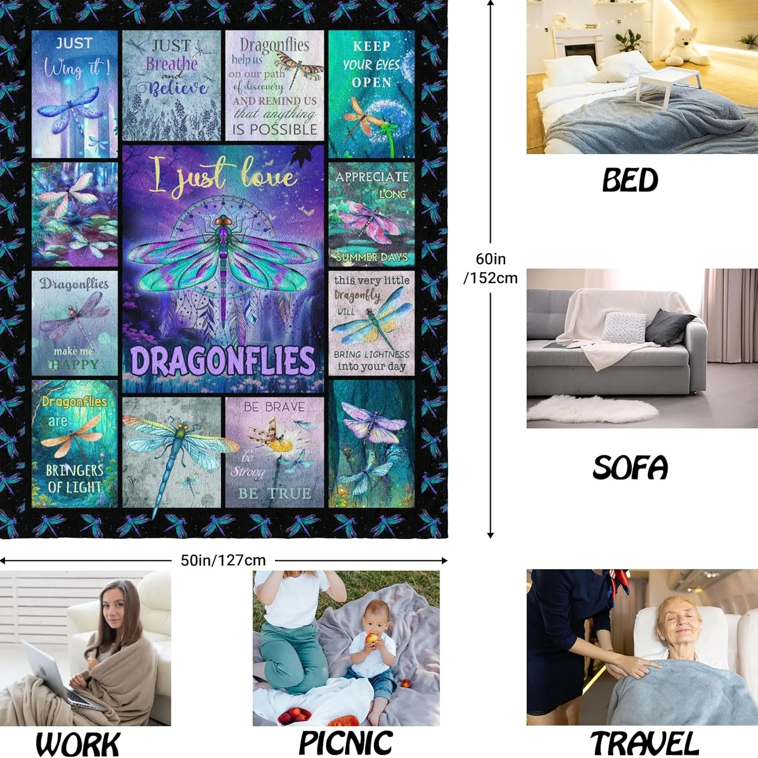 QOJUYO Dragonfly Gifts for Women, Dragonfly Lover Gifts Throw Blanket 60"X50", Dragonflies Gifts for Women