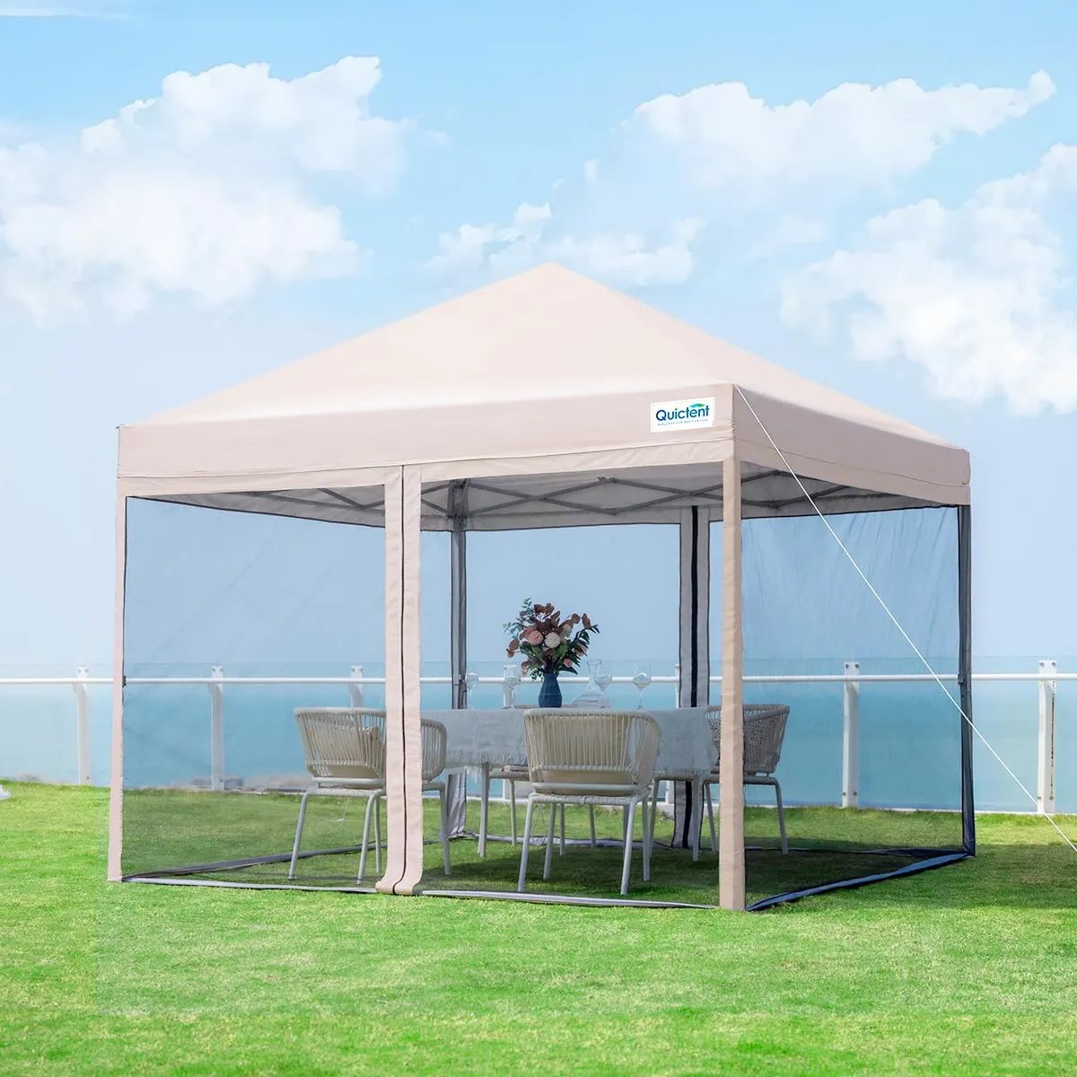 Quictent 10'x10' Pop up Canopy Tent with Mosquito Netting, Outdoor Ez up Screened Canopies Screen House Room Tent Portable, Fully Sealed, Waterproof & Wheeled Carry Bag Included (Tan)