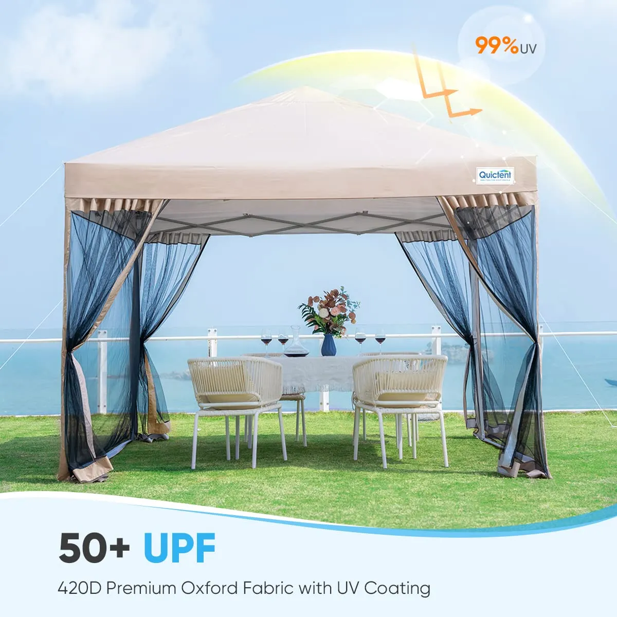 Quictent 10'x10' Pop up Canopy Tent with Mosquito Netting, Outdoor Ez up Screened Canopies Screen House Room Tent Portable, Fully Sealed, Waterproof & Wheeled Carry Bag Included (Tan)