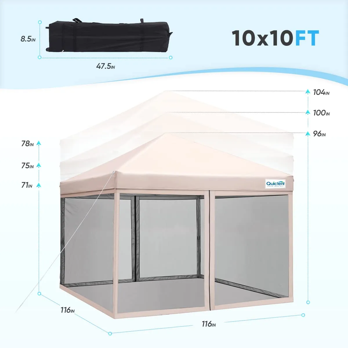 Quictent 10'x10' Pop up Canopy Tent with Mosquito Netting, Outdoor Ez up Screened Canopies Screen House Room Tent Portable, Fully Sealed, Waterproof & Wheeled Carry Bag Included (Tan)