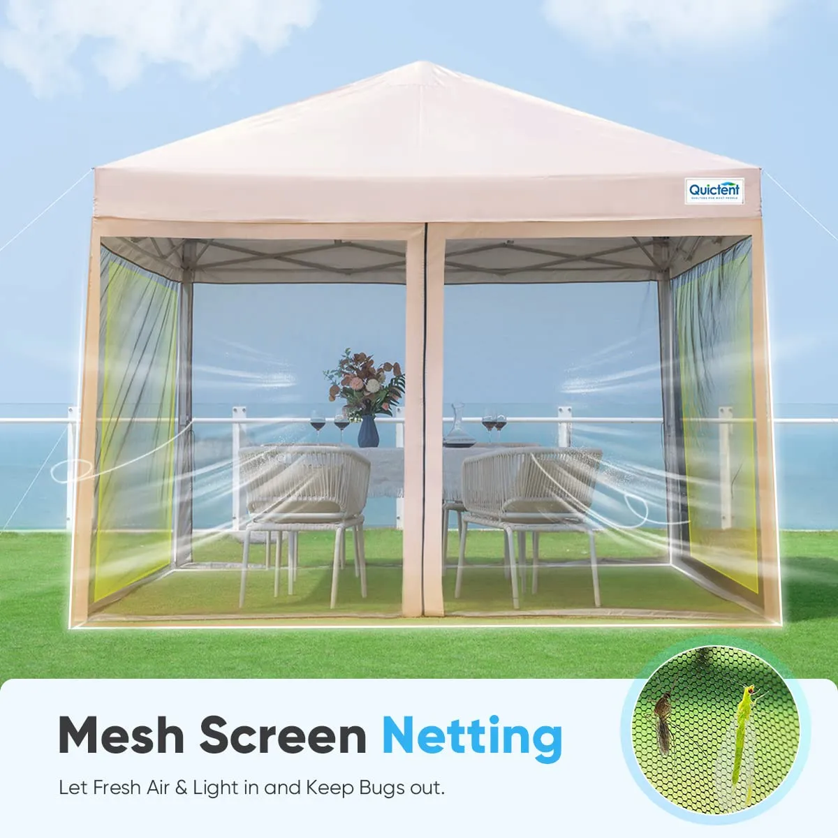 Quictent 10'x10' Pop up Canopy Tent with Mosquito Netting, Outdoor Ez up Screened Canopies Screen House Room Tent Portable, Fully Sealed, Waterproof & Wheeled Carry Bag Included (Tan)