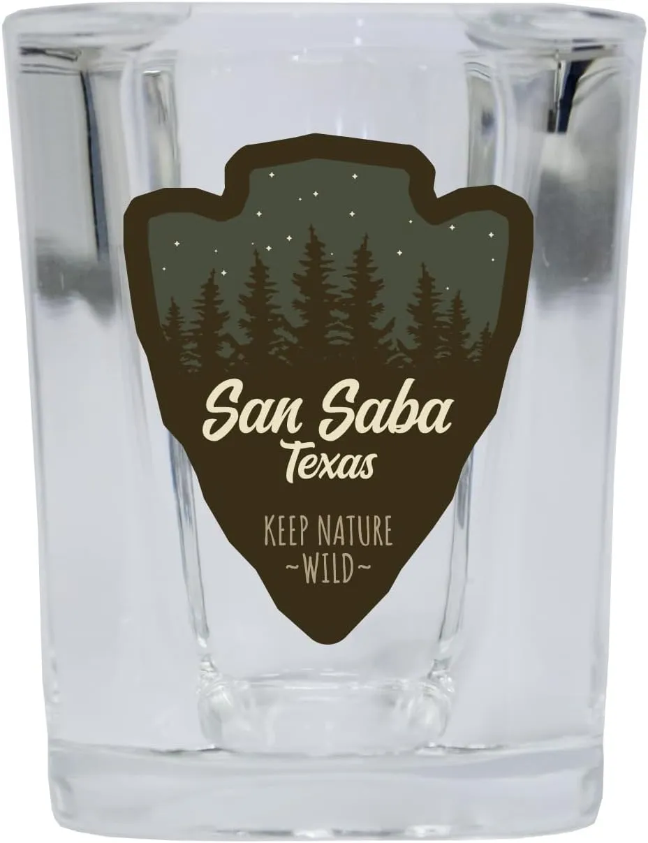 R and R Imports San Saba Texas Camping Souvenir 2 Oz Shot Glass Square Base Arrowhead Design 4 Pack