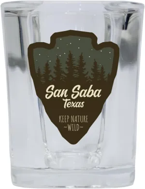 R and R Imports San Saba Texas Camping Souvenir 2 Oz Shot Glass Square Base Arrowhead Design 4 Pack