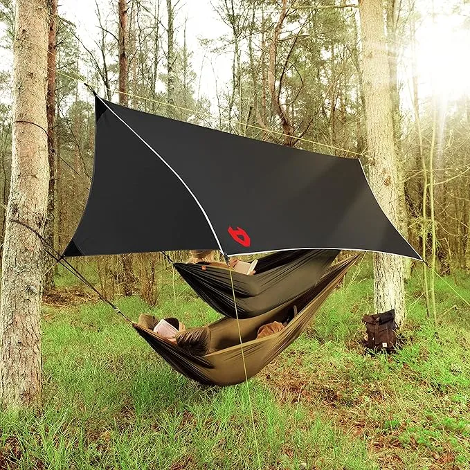 Rain Fly 12x10 Lightweight Survival Camping Tarp; 100% Waterproof; Makes a Great Backpacking Tarp or Hammock Shelter; Comes in Multiple Colors, Survival Bracelet Included; Black