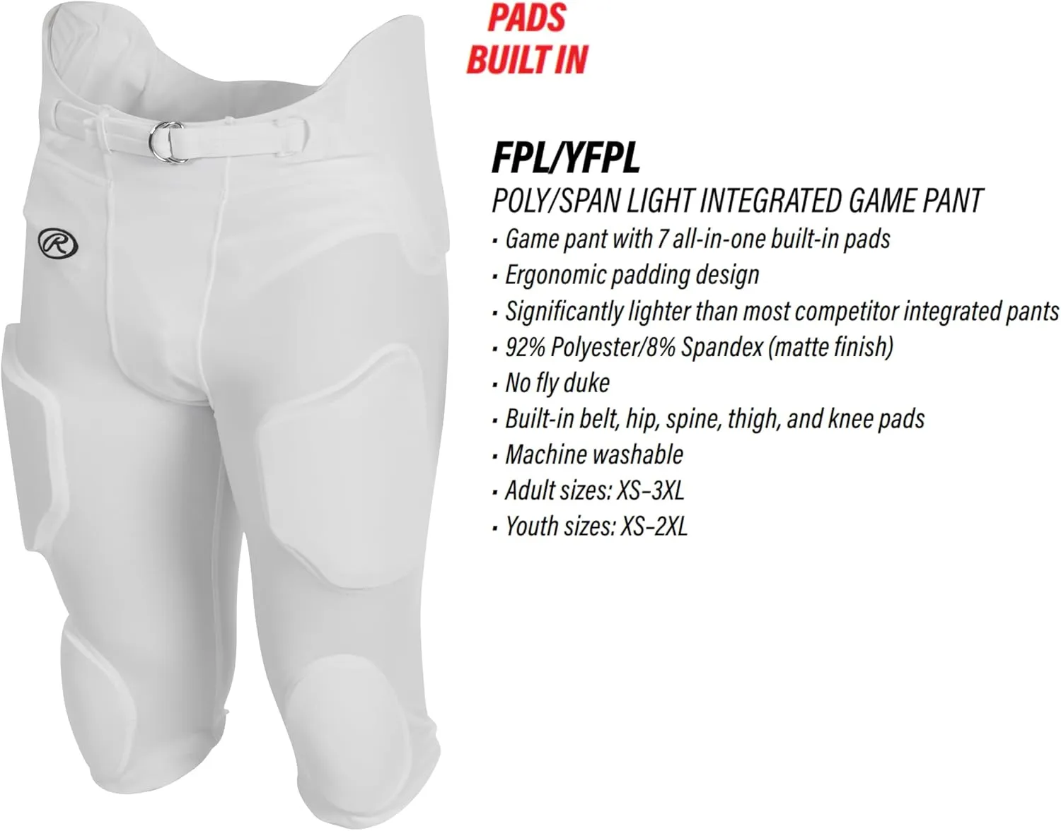 Rawlings Fpl Lightweight Football Pants | Integrated Pads | Practice/Game Use | Youth Sizes | Multiple Colors