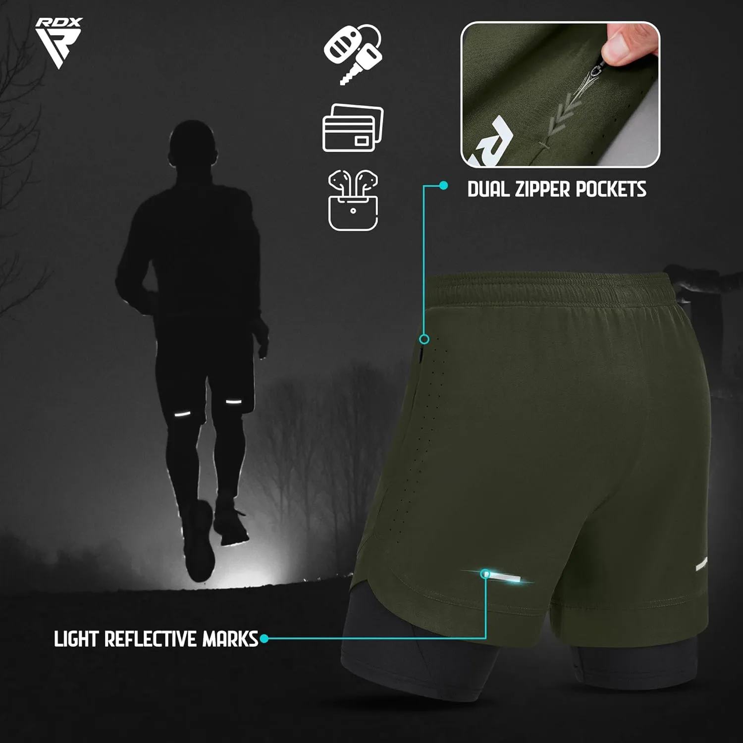 RDX Men’s Running Shorts, 2 in 1 Athletic Breathable Short Compression Liner, 2 Zipper and 2 Phone Pockets, Lightweight