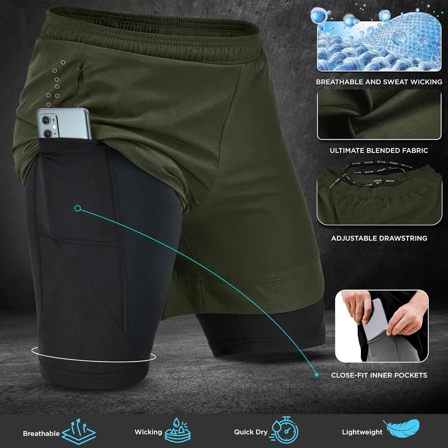RDX Men’s Running Shorts, 2 in 1 Athletic Breathable Short Compression Liner, 2 Zipper and 2 Phone Pockets, Lightweight