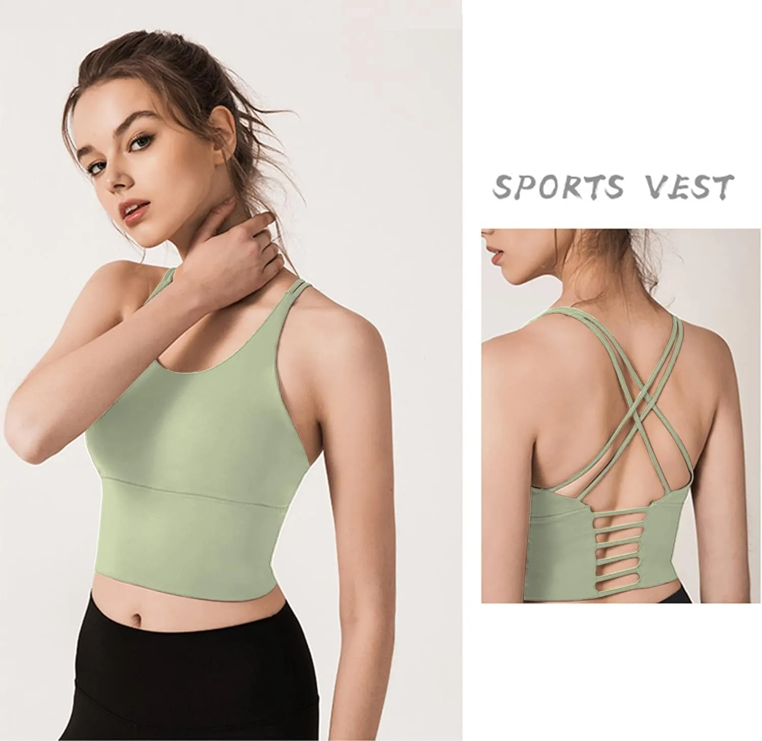 Redqenting Longline Sports Bra for Women with Removable Padded,Sexy Criss Cross Back Strappy Yoga Bras Workout Tank Tops