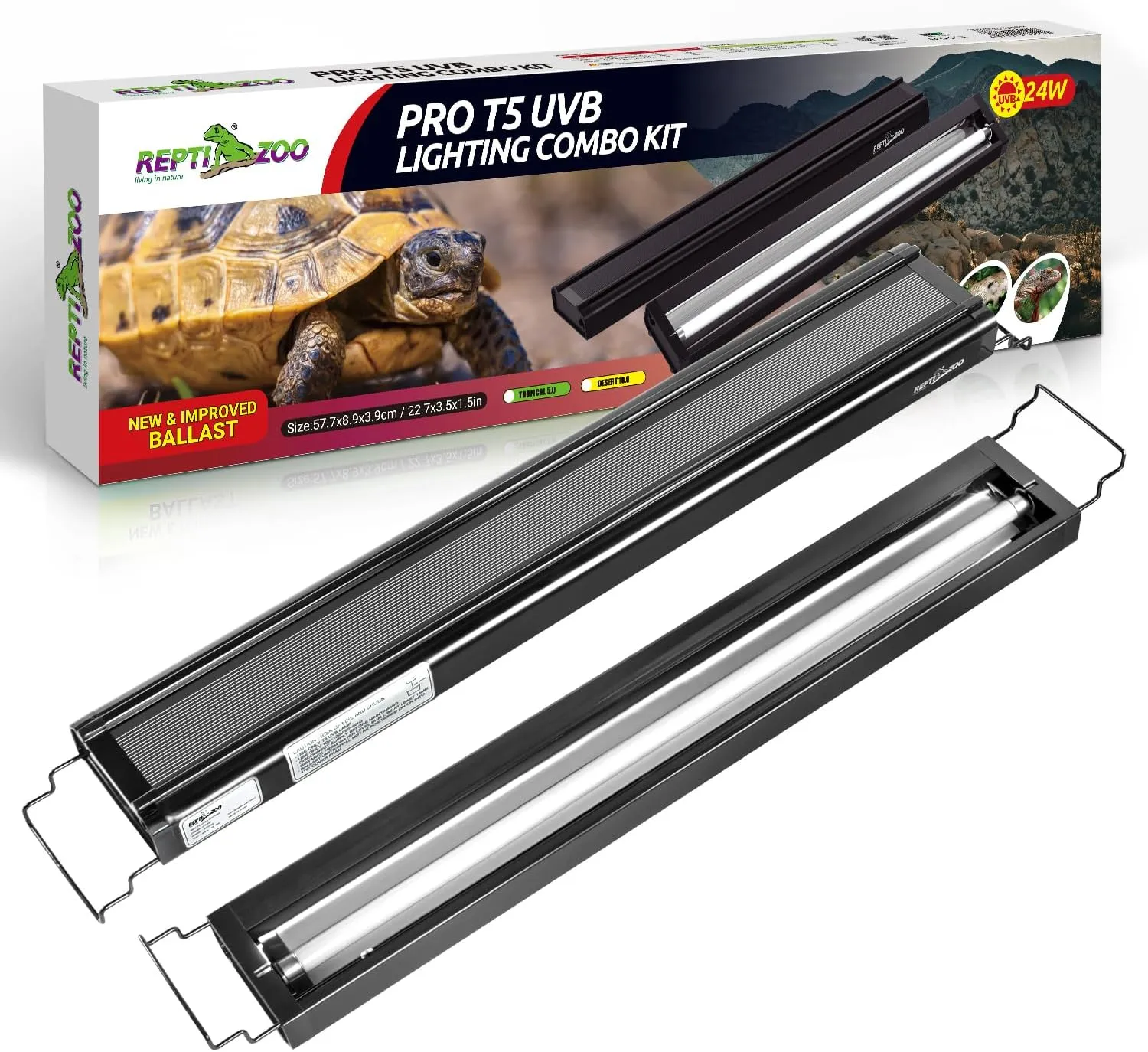 REPTI ZOO UVB Reptile Light, New Version T5 HO UVB Lighting Combo Kit, Reptile Terrarium Hood with 10.0 UVB Tube Bulb, Reptile Light Fixture 24W-22Inch