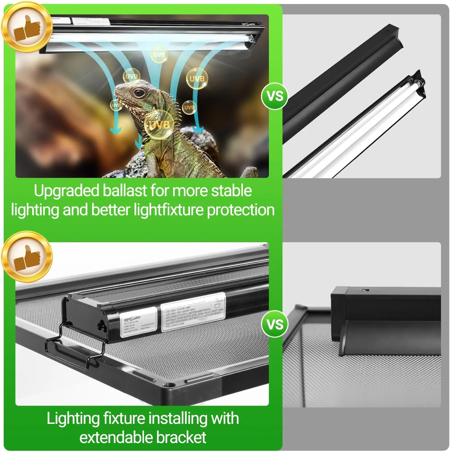 REPTI ZOO UVB Reptile Light, New Version T5 HO UVB Lighting Combo Kit, Reptile Terrarium Hood with 10.0 UVB Tube Bulb, Reptile Light Fixture 24W-22Inch