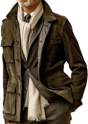 RINTONIX Mens Single Breasted Button Down Faux Suede Leather Winter Jacket with Pocket Solid Lapel Neck Outerwear Coat