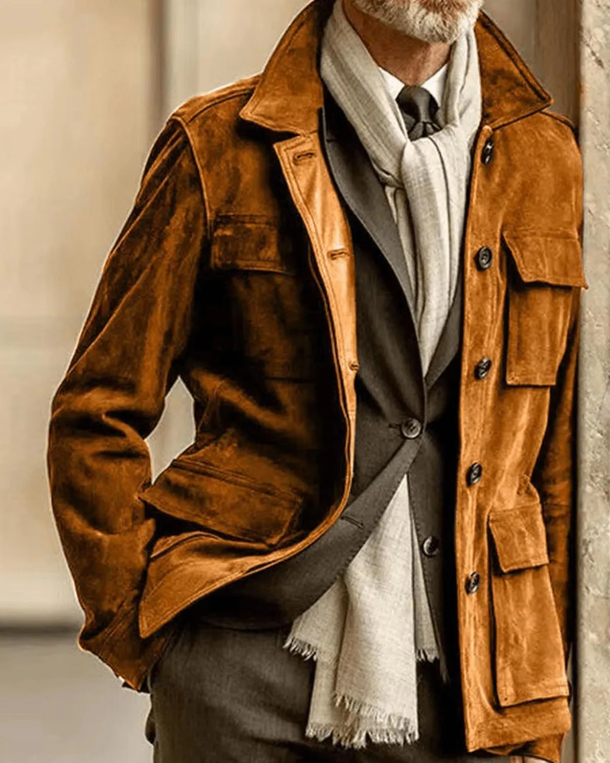 RINTONIX Mens Single Breasted Button Down Faux Suede Leather Winter Jacket with Pocket Solid Lapel Neck Outerwear Coat