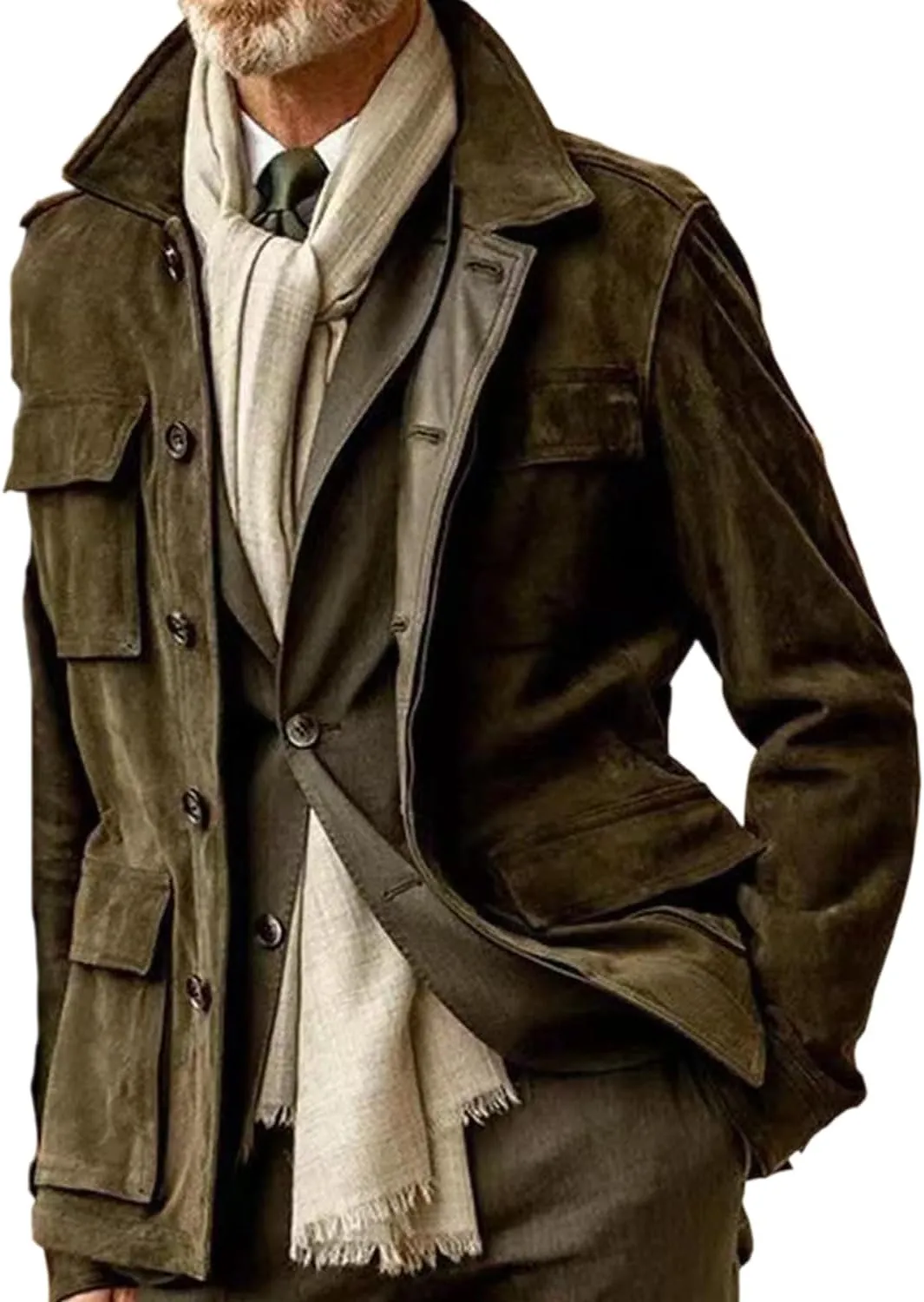 RINTONIX Mens Single Breasted Button Down Faux Suede Leather Winter Jacket with Pocket Solid Lapel Neck Outerwear Coat
