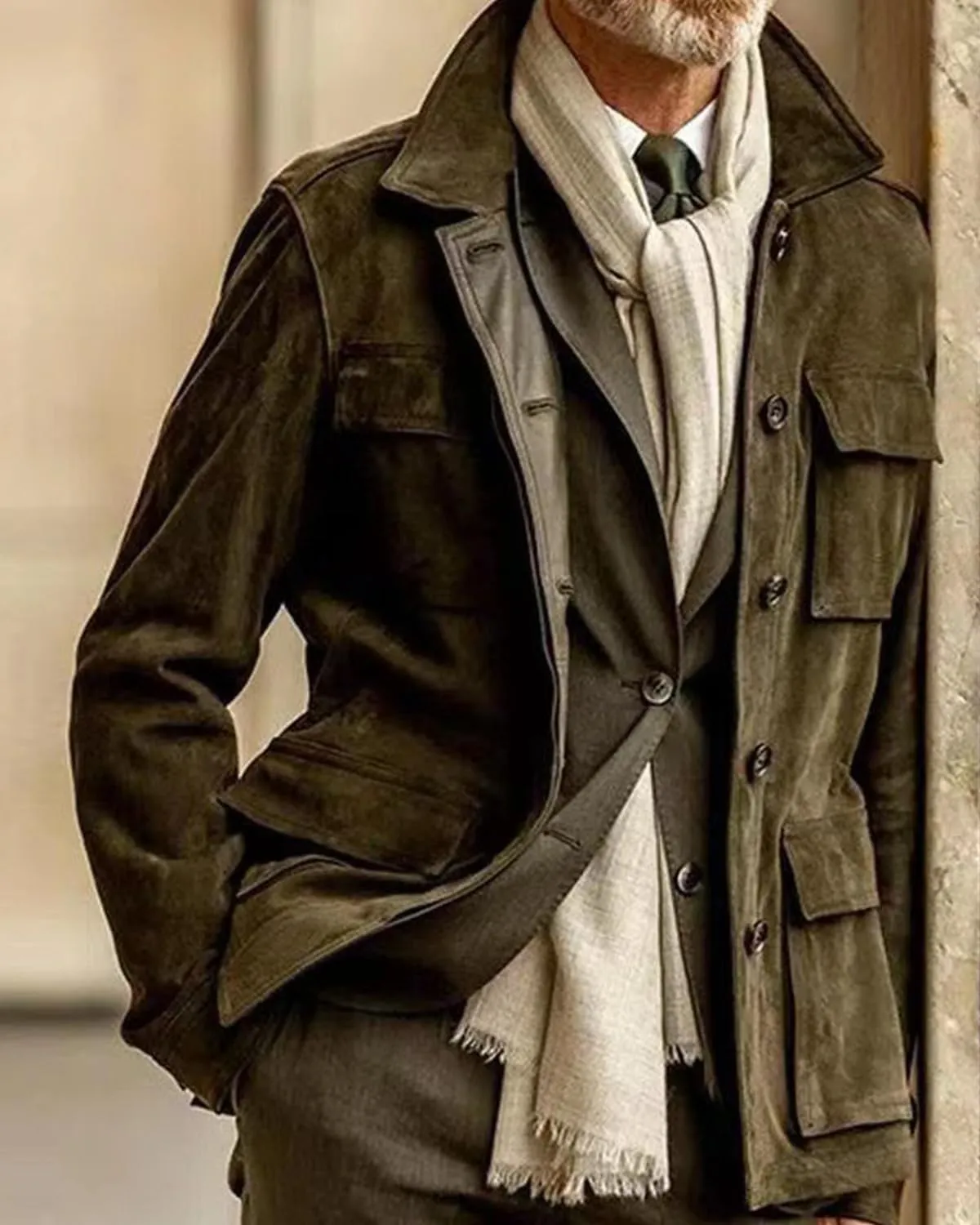 RINTONIX Mens Single Breasted Button Down Faux Suede Leather Winter Jacket with Pocket Solid Lapel Neck Outerwear Coat