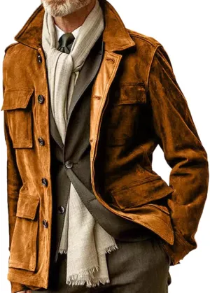 RINTONIX Mens Single Breasted Button Down Faux Suede Leather Winter Jacket with Pocket Solid Lapel Neck Outerwear Coat