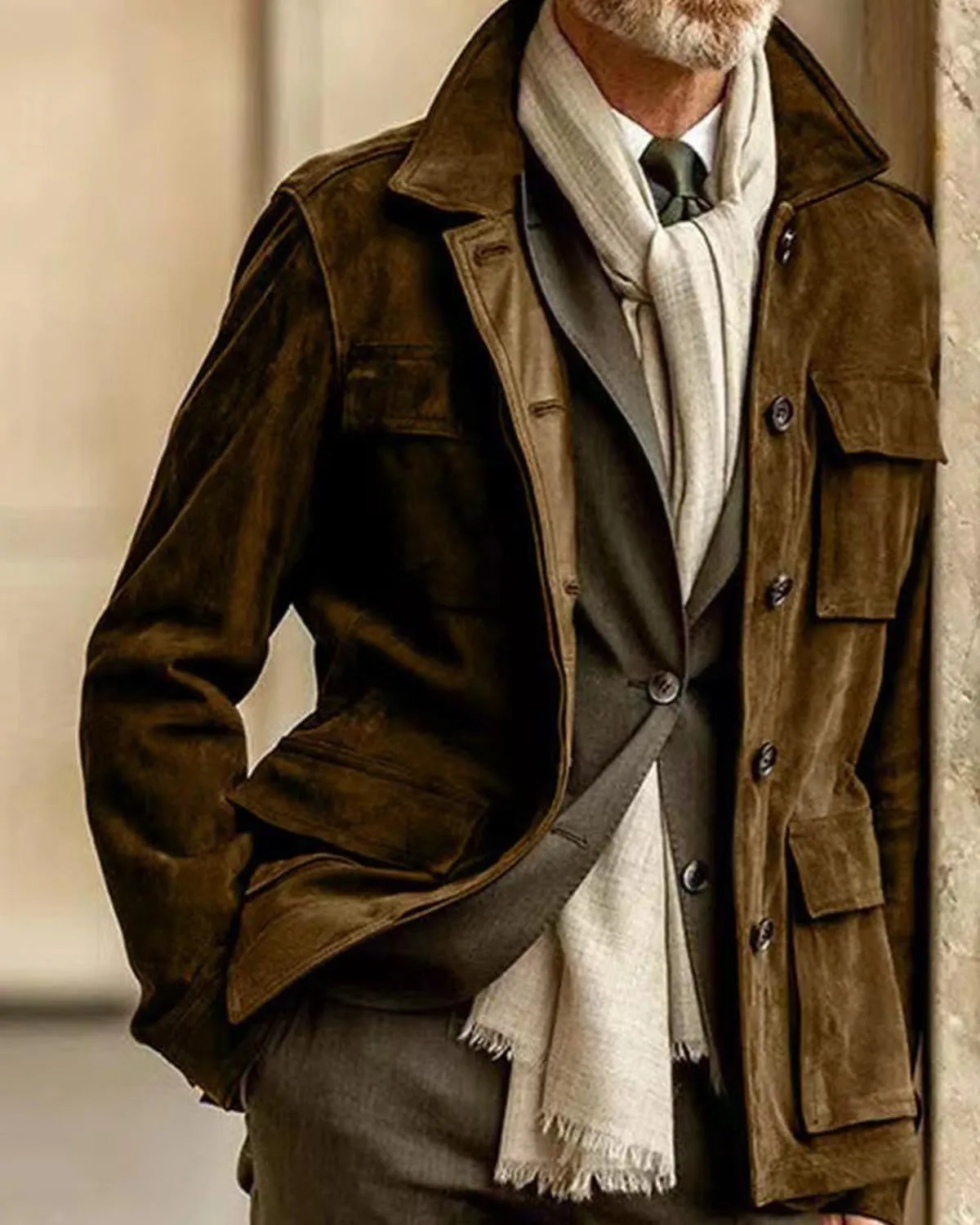 RINTONIX Mens Single Breasted Button Down Faux Suede Leather Winter Jacket with Pocket Solid Lapel Neck Outerwear Coat