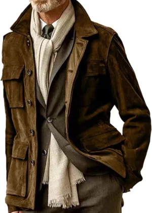 RINTONIX Mens Single Breasted Button Down Faux Suede Leather Winter Jacket with Pocket Solid Lapel Neck Outerwear Coat