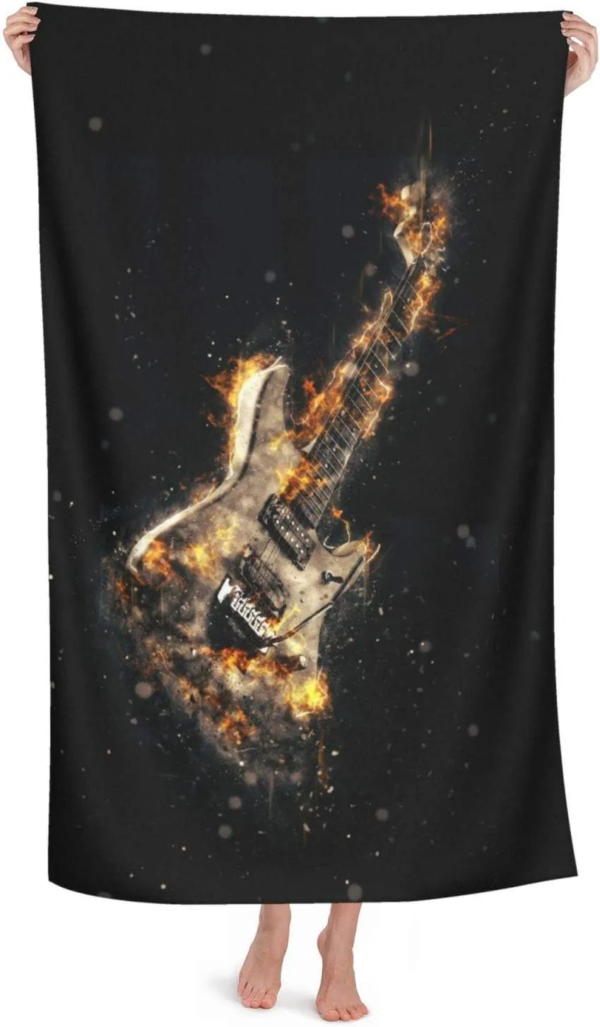 Rock Heavy Metal Electric Guitar on fire Microfiber Beach Towel Fashion Bath Towel Beach Blanket Ultra Soft Hand Towels for Travel Swim Pool 32 x 52 Inch