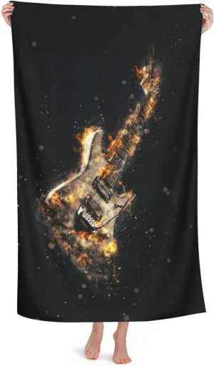 Rock Heavy Metal Electric Guitar on fire Microfiber Beach Towel Fashion Bath Towel Beach Blanket Ultra Soft Hand Towels for Travel Swim Pool 32 x 52 Inch