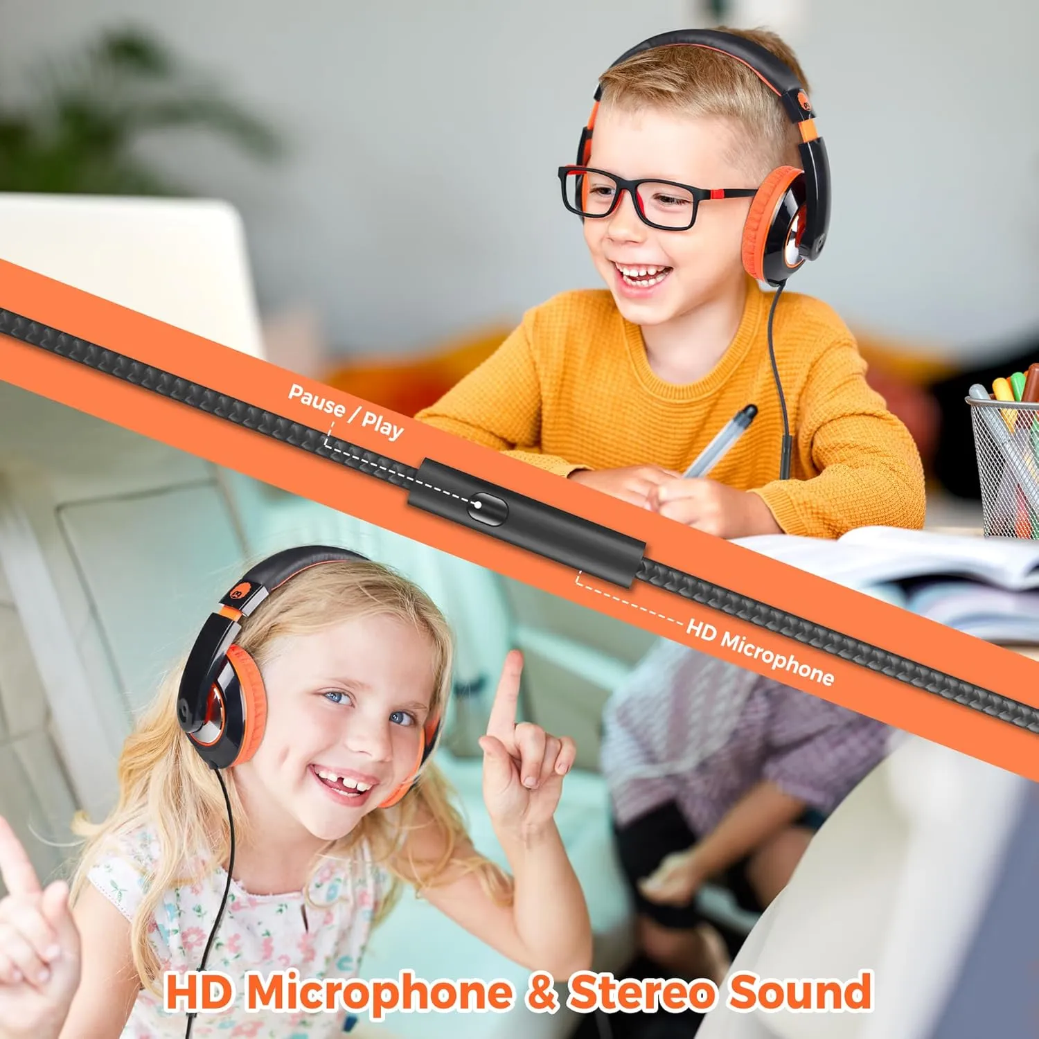 rockpapa Comfort  Kids Headphones with Microphone, Boys Girls Student Over-Ear Headphones Wired for School Classroom Laptop PC Computer Tablet Black/Blue Black/Orange
