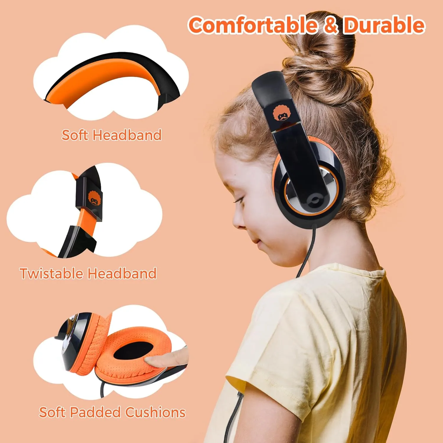 rockpapa Comfort  Kids Headphones with Microphone, Boys Girls Student Over-Ear Headphones Wired for School Classroom Laptop PC Computer Tablet Black/Blue Black/Orange