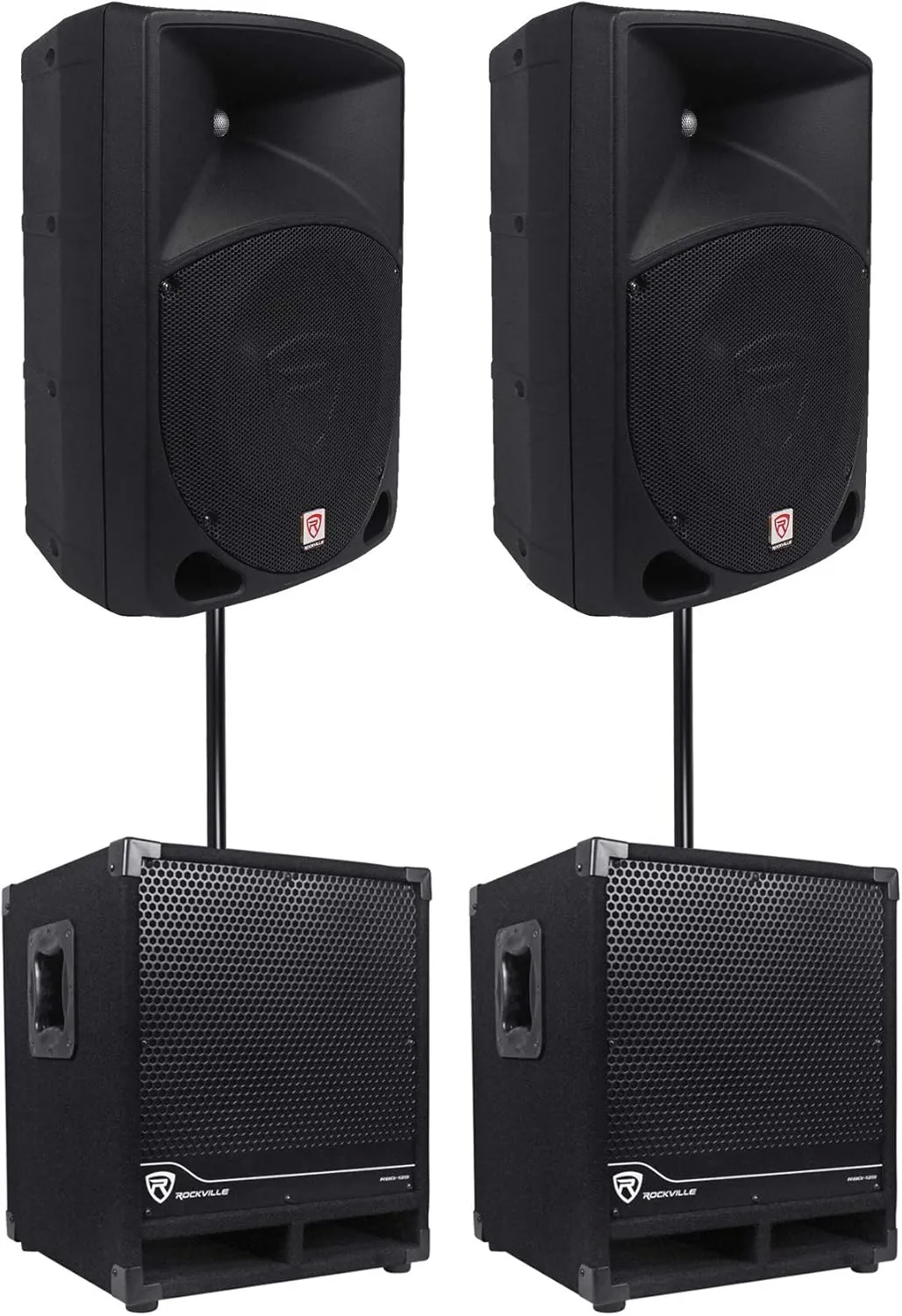 Rockville 2 RPG10 10" Powered 600W DJ PA Speakers 2 Subwoofers Mounting Poles