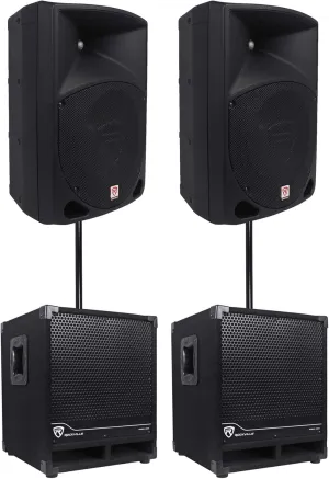 Rockville 2 RPG10 10" Powered 600W DJ PA Speakers 2 Subwoofers Mounting Poles