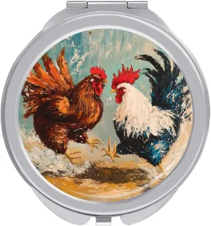 Rooster Fighting Travel Makeup Mirror 2-Sided 1x 2X Magnification Portable Mini Mirror for Handbag Purse Pocket