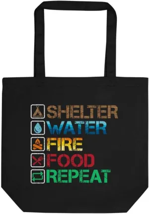 Rules of Survival - Shelter Water Fire Food Cotton Tote Bag 16x14.5” Black
