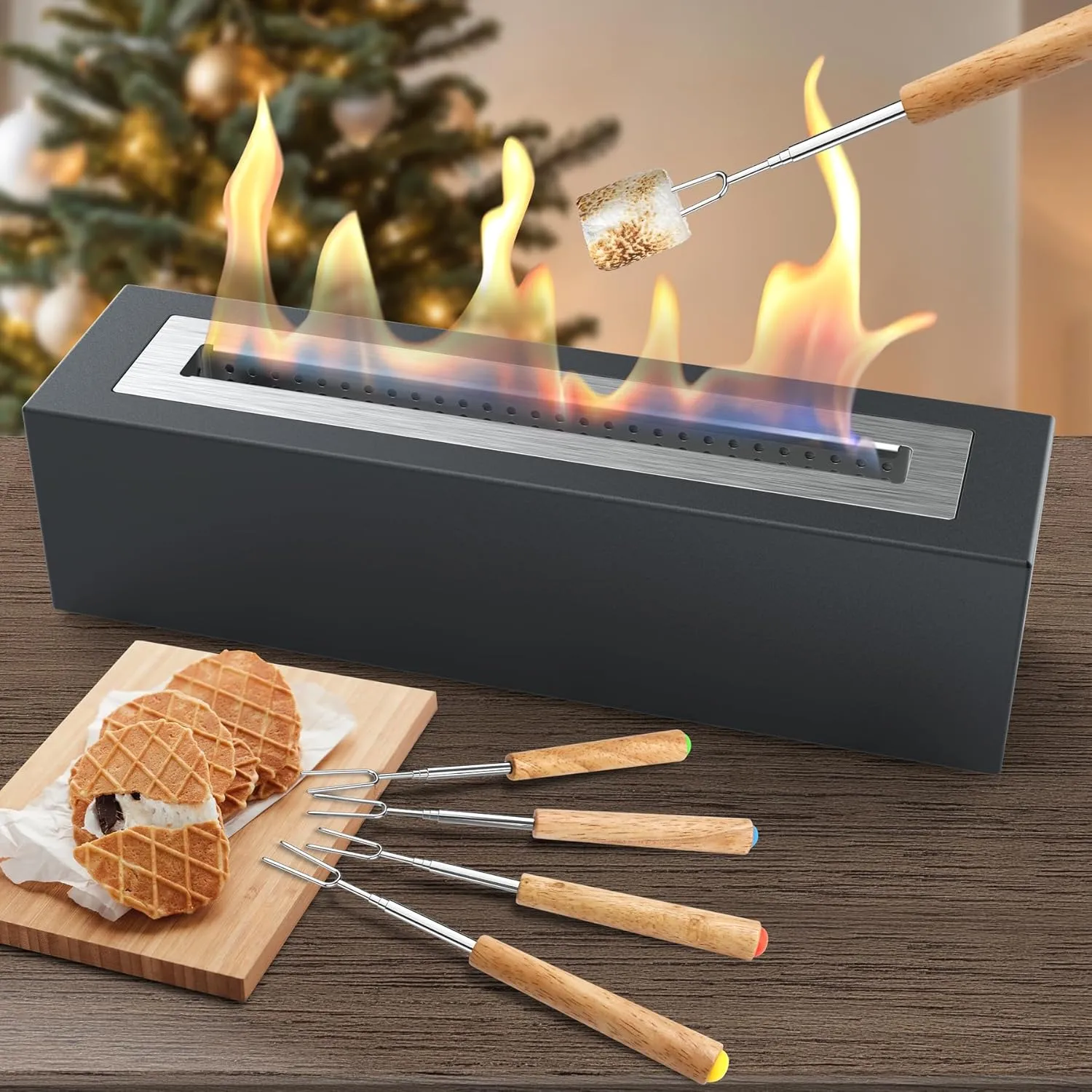Safe Tabletop Fire Pit with 4 Roasting Sticks - Metal Outdoor & Indoor Fire Pit Tabletop Fireplace,Portable Smokeless Ethanol Firepit Bowl, Housewarming Gift,Rectangle-Charcoal Gray