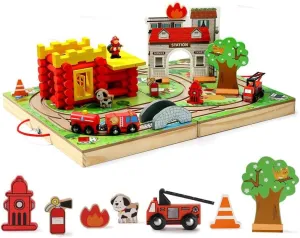 SainSmart Jr. Train Set for Toddlers, Portable Fire Station Log Cabin 66 PCS, Take-Along Tabletop Railroad with Building Block for Toddlers and Kids Ages 3 