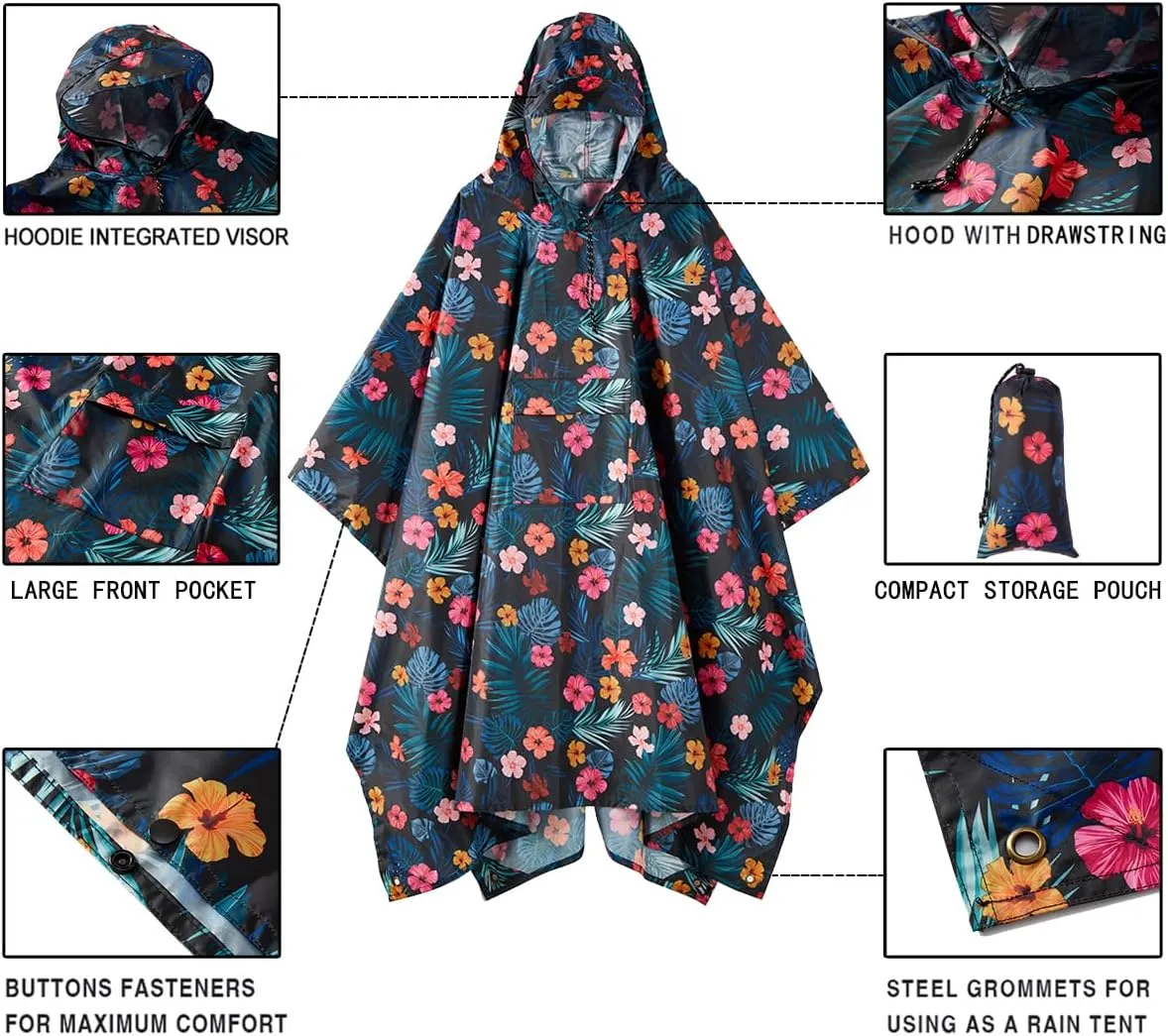 salamra Hooded Rain Poncho Waterproof Raincoat Jacket for Men/Women/Adults with Pocket